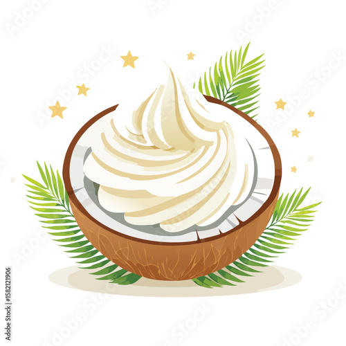 Coconut Ice Cream in a Whimsical Scene with Vibrant Swirl Motions All Around.