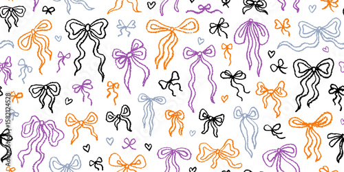 Bow pattern. Halloween seamless cute ribbon print. Bow vector. Black purple coquette ribbon. Fall Halloween background. Small girly coquette design bg. Sketchy watercolor pencil brush seamless pattern