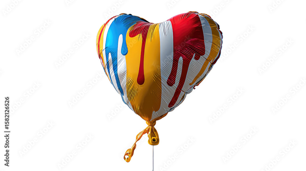 Obraz premium Colorful Heart Balloon: A vibrant heart-shaped balloon bursts with color, featuring a playful design of dripping paint in shades of blue, yellow, and red, symbolizing joy, love.