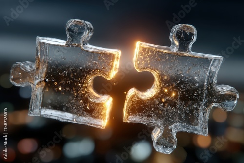 Two Floating Transparent Puzzle Pieces in Glowing Light with Magical Atmosphere