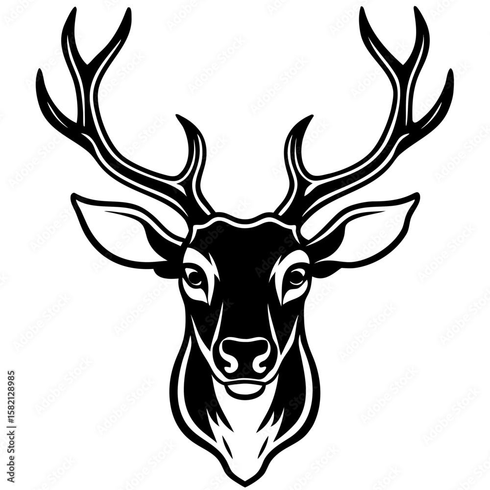 Naklejka premium Detailed Deer Head Silhouette with Antlers – Vector Art.