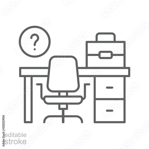 Vacant Job Position Icon. Outline Style. Editable Stroke Vector. Empty Office Desk with Briefcase. Labor Shortage Crisis. Recruitment Symbol. HR Hiring Problem. Professional Workforce Gap.
