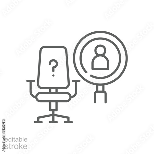 Searching for Employee Icon. Outline Style. Editable Stroke Vector. Vacant Office Chair with Magnifying Glass. Labor Shortage Concept. Recruitment Problem. HR Workforce Hiring Illustration.