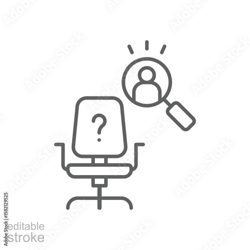 Hiring Search Icon. Outline Style. Editable Stroke Vector. Vacant Office Chair with Magnifying Glass Highlighting Candidate. Labor Shortage Crisis. Workforce Recruitment and Job Vacancy Concept.