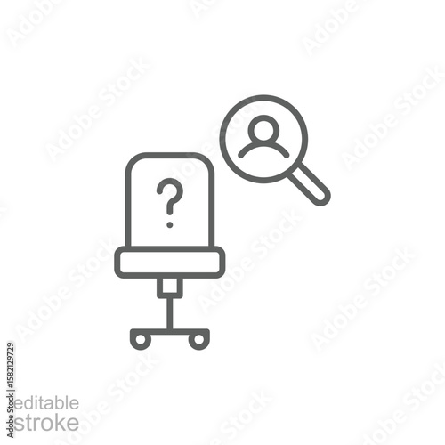 Candidate Search Icon. Outline Style. Editable Stroke Vector. Vacant Office Chair and Magnifying Glass with Person Symbol. Labor Shortage Issue. HR Recruitment. Job Hiring and Workforce Gap Concept.