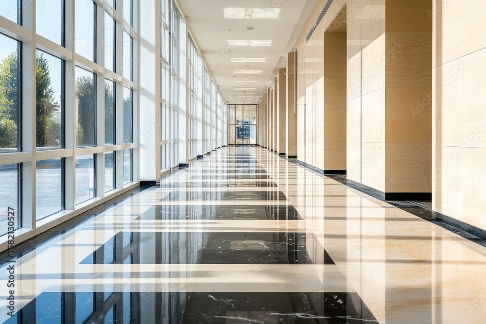 Obraz premium Empty, modern hallway with large windows