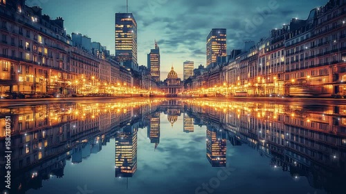 A cityscape with many buildings, reflected on the ground, symmetrical, with light
