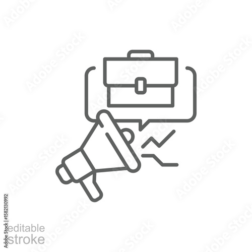Job Hiring Announcement Icon. Outline Style. Editable Stroke Vector. Megaphone with Briefcase and Declining Graph Symbol. Labor Shortage Crisis. Staff Recruitment Call. Workforce Alert Notification.