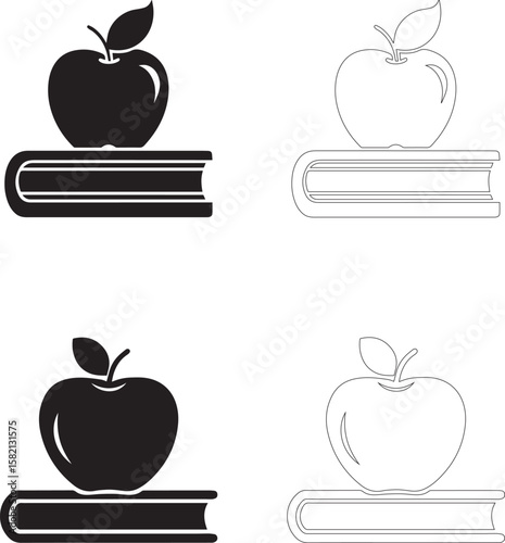 Teachers Day Icon Set Apple on Book Silhouette and Outline Styles