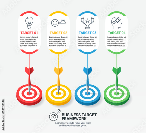 Business infographic dart and target concept template. Timeline, banner, diagram, web design.