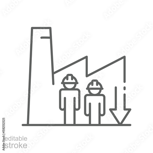 Industrial Worker Shortage Icon. Outline Style. Editable Stroke Vector. Factory with Two Employees and Downward Graph. Labor Shortage Crisis. Staff Deficit in Manufacturing. Job Vacancy and Productiv