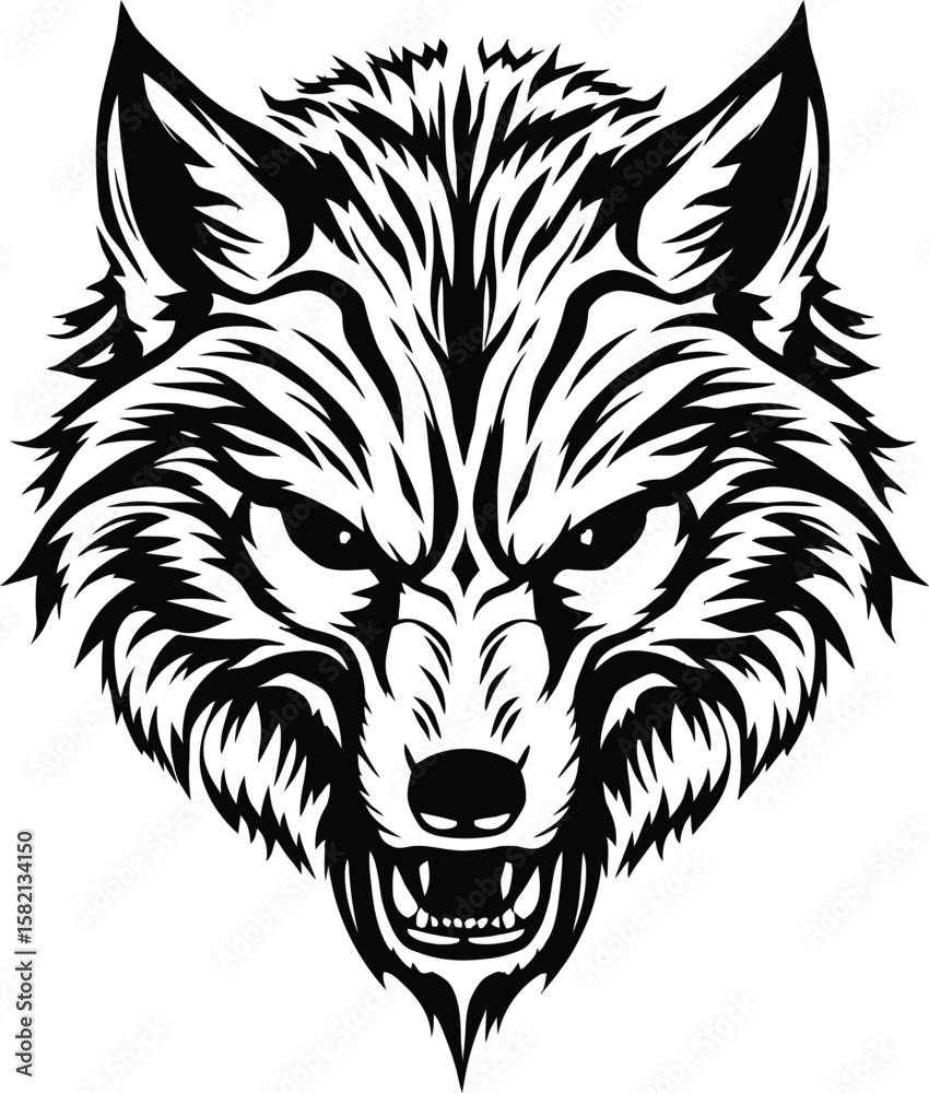 Naklejka premium Wolf Head Illustration Minimalist Black Silhouette Featuring Fierce Eyes and Intricate Fur Texture for Wild Animal Themed Graphic Design