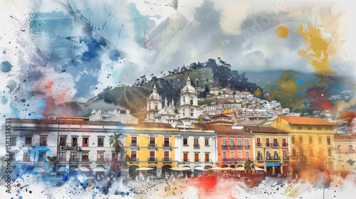 Independence day celebration in ecuador with vibrant cityscape art. Horizontal banner. Copy space. Postcard from Quito. Watercolor illustration