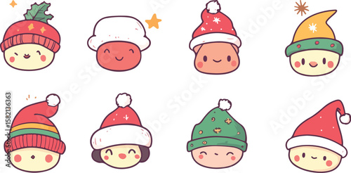 Cute Christmas Faces with Hats Illustration for Holiday Season Designs