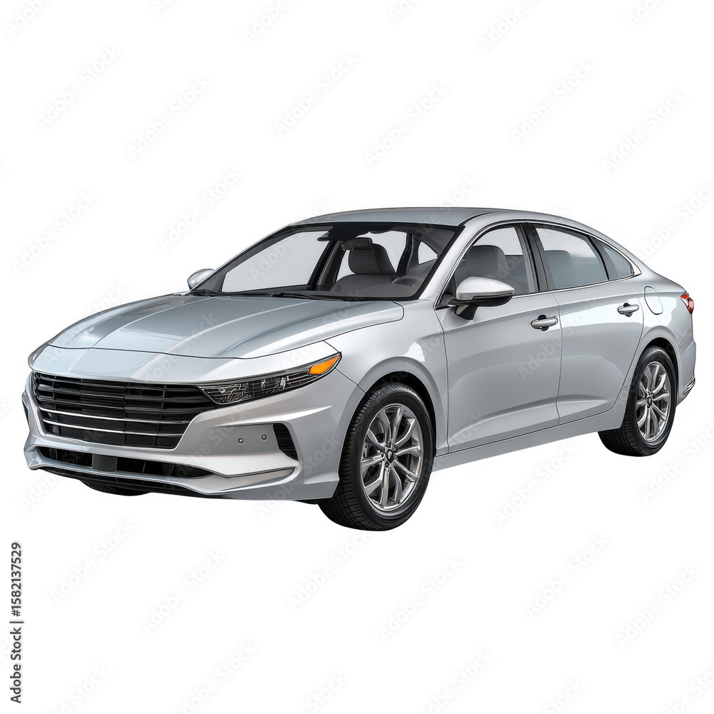 Fototapeta premium Sleek silver sedan car front side view isolated on transparent background