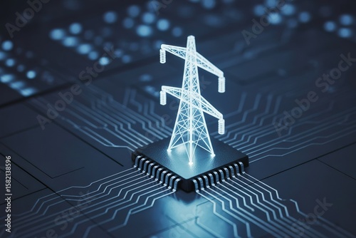glowing power line on mainboard chip. Smart energy infrastructure grid