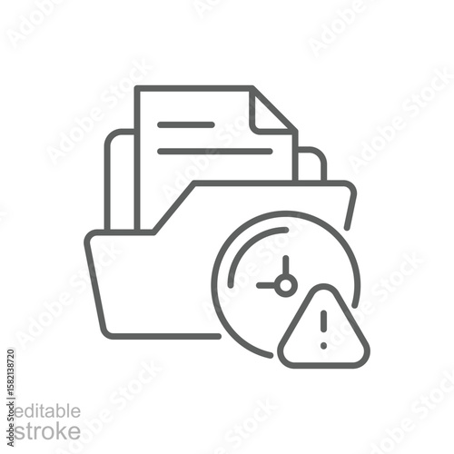Delayed Document Management Icon. Outline Style Vector. Editable Stroke. Backlog Paperwork, Time-Sensitive Files, Admin Delay, Incomplete Filing, and Labor Shortage Impact on Office Documentation.