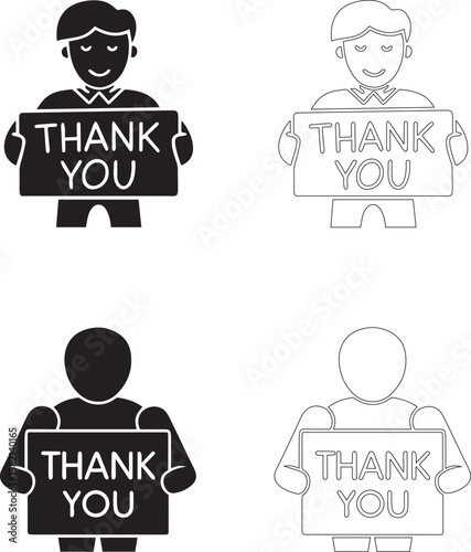 Teachers Day Icon Set Person Holding Thank You Sign Silhouette and Outline Styles
