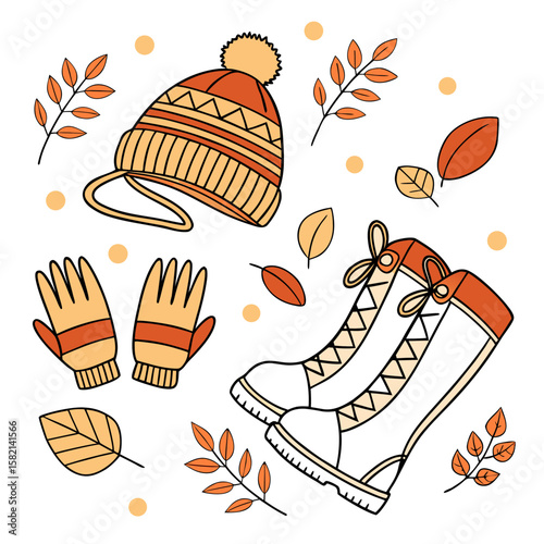 A charming illustration of autumn clothing essentials including a knitted beanie with a pom pom a pair of gloves and tall boots surrounded by falling leaves and scattered dots