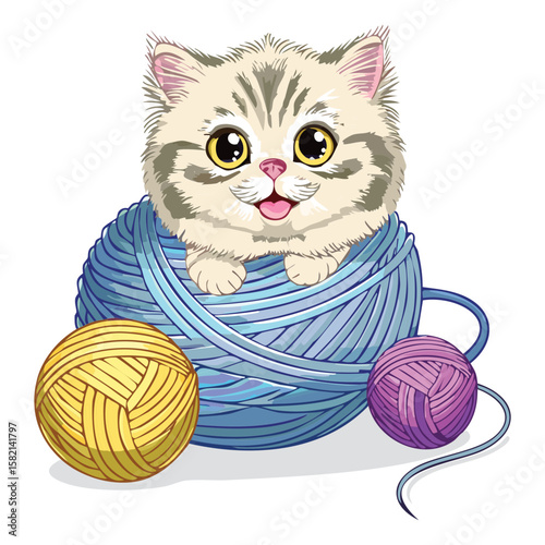 Striped Kitten Playing with Yarn Balls