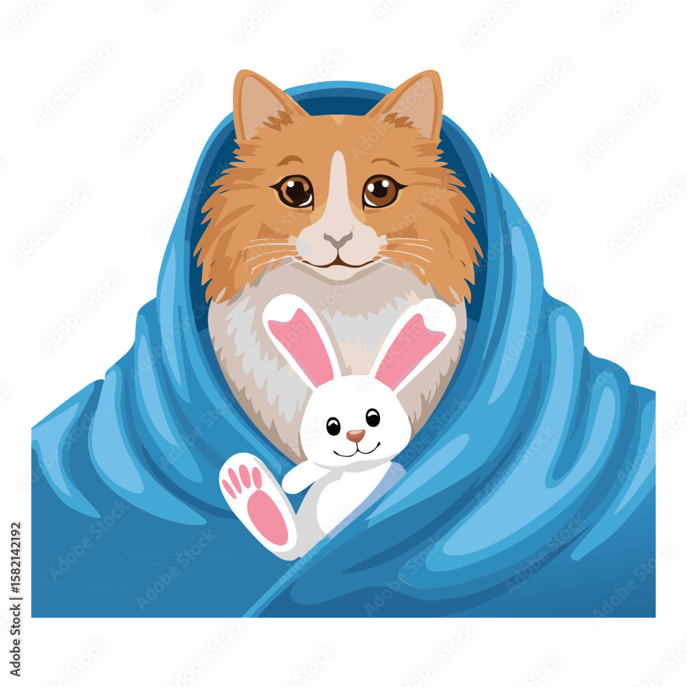 Fototapeta premium Cat in Blue Blanket with White Bunny