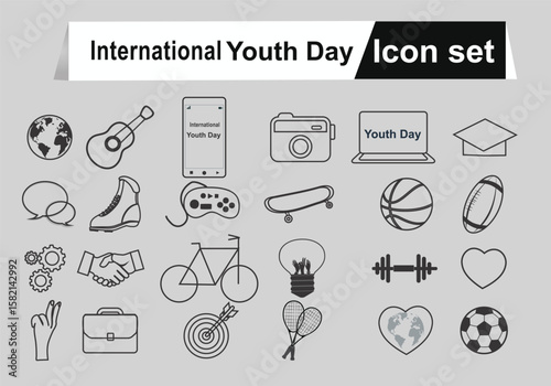 celebrating international Youth Day line icon set. Showcasing various activities and symbols relevant to young people black sign editable vector.
