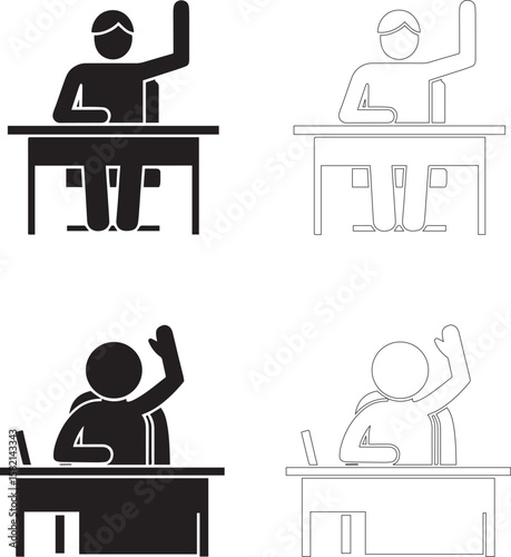 Teachers Day Icon Set Student at Laptop Desk Raising Hand Silhouette and Outline Styles