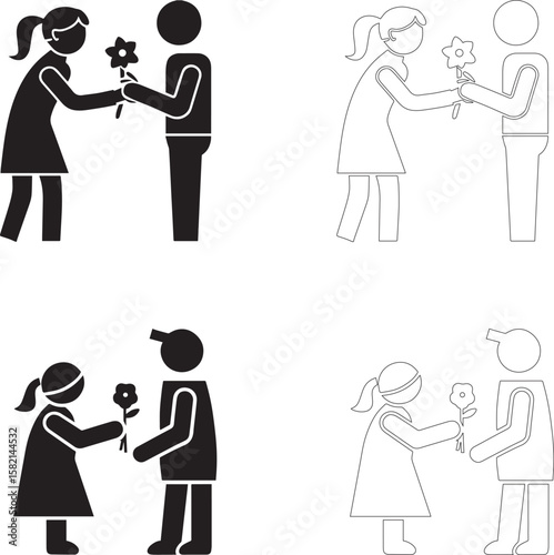Teachers Day Icon Set Student Giving Flower to Teacher in Black Silhouette and Outline Styles