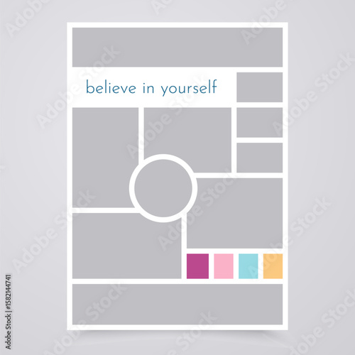 Moodboard template. Collage grid. Mood board layout. Montage photo image. Mosaic pictures. Photography album banner. Scrapbook frames with colour palette and quote. Gallery mockup. Vector illustration