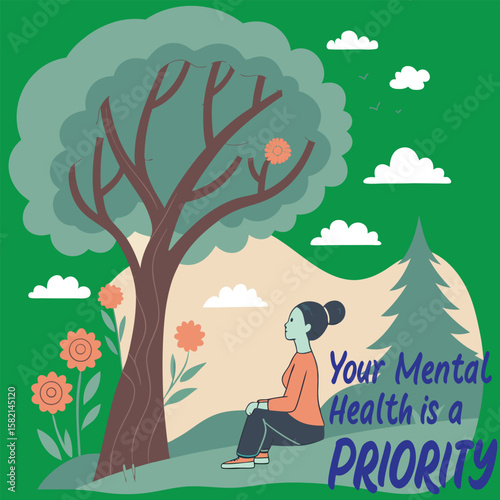 Mental health care treatment vector illustration concept. specialist doctor work to give psychology therapy. Tiny people character with ladder design, summer park with trees, grass, and a bright sky