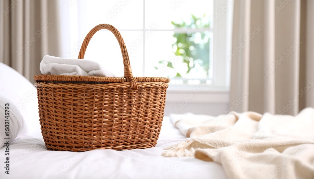 Fototapeta premium Light-brown wicker picnic basket on a white bed near a window