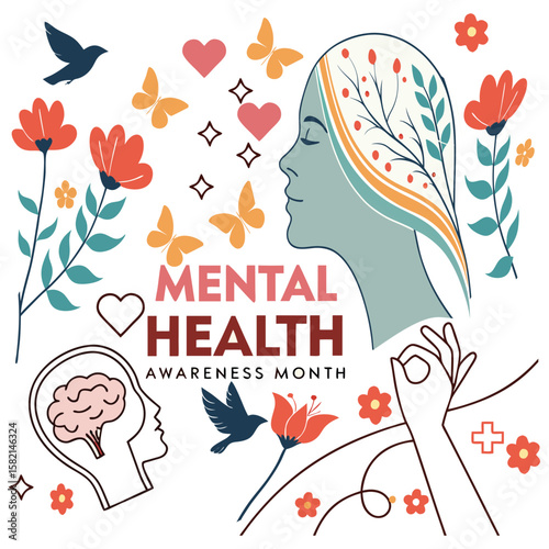 A beautiful vector illustration of a woman's face with flowing hair and delicate pink floral designs, embodying the essence of spring fashion and artistic grace,Mental Health Awareness Vector Wellness