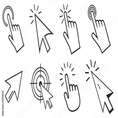 Mouse click cursor icon set. Set of 8 outline icons related to mouse click cursor, Hand drawn black arrow vector icons for a seamless pattern design