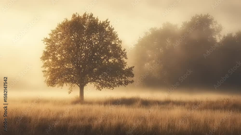 Misty morning landscape with lone tree