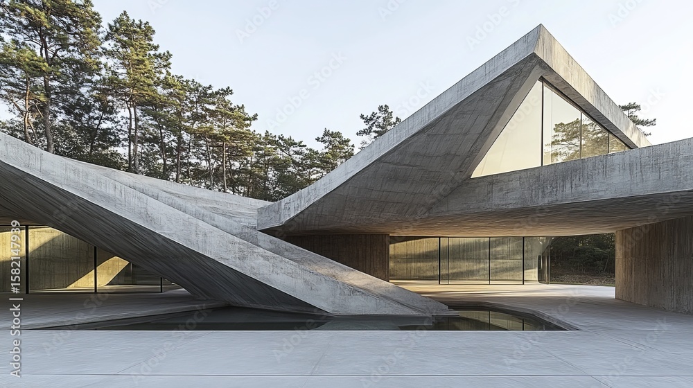 Geometric concrete house nestled in a pine forest, featuring angular design, large windows, and reflecting pool Geometric concrete house nestled in a pine forest, featuring angular design, large windows, and reflecting pool