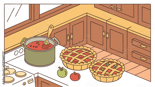 Cozy kitchen scene with two freshly baked apple pies on the counter next to a pot of simmering filling and ripe apples ready for baking