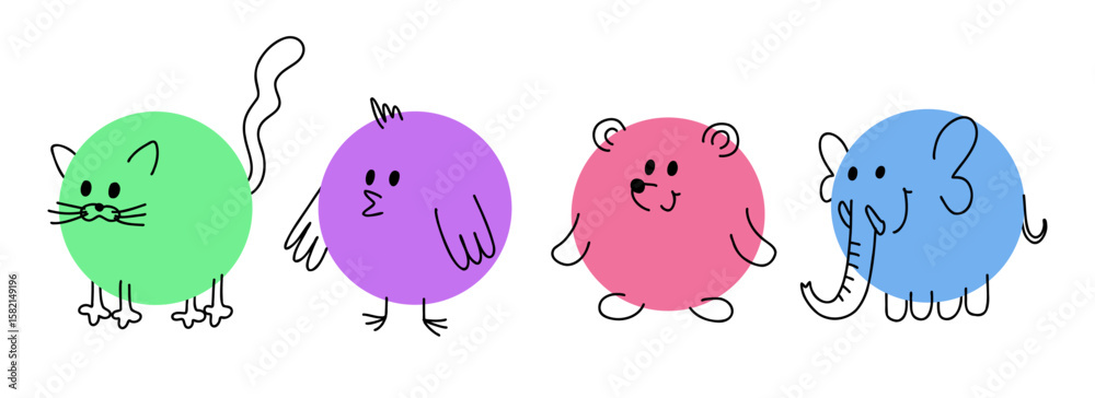 Fototapeta premium Cute animals drawn with pencil lines in a circle