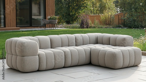 Modular sectional sofa on patio, green garden backdrop
