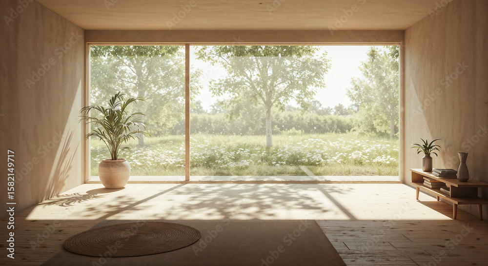 Fototapeta premium minimalist interior of a bright room with a natural landscape outside the window . Generative AI