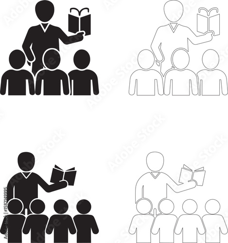 Teachers Day Icon Set Teacher Holding Book in Front of Students Silhouette and Outline Styles