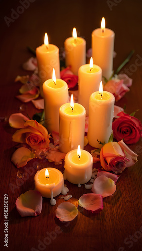 Warm glowing candles with roses and petals image