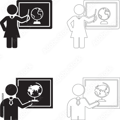 Teachers Day Icon Set Teacher Pointing at Globe on Board Silhouette and Outline Styles