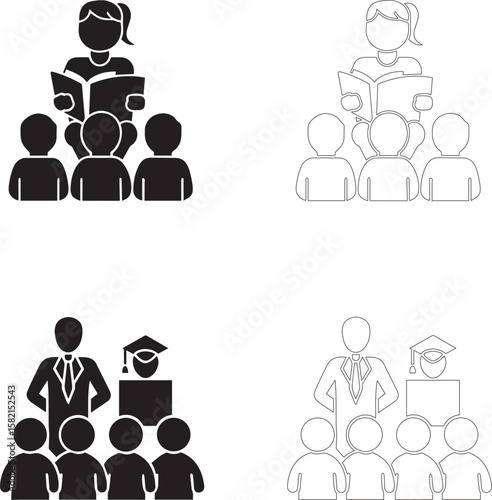 Teachers Day Icon Set Teacher Reading to Students and Graduation Scene in Solid and Outline Styles