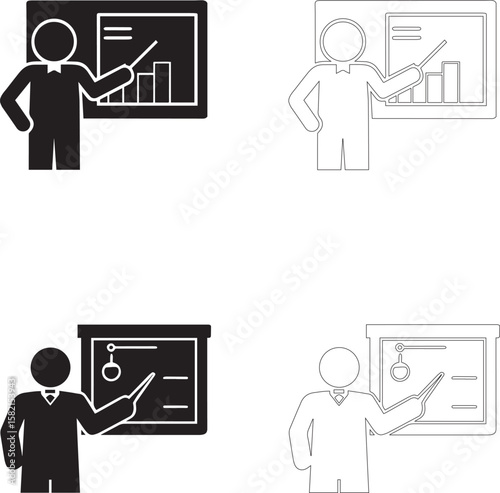 Teachers Day Icon Set Teacher Presenting Bar Graph and Pie Chart in Solid and Outline Styles