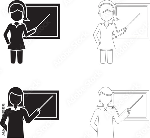 Teachers Day Icon Set Teacher with Pointer at Blackboard Silhouette and Outline Styles
