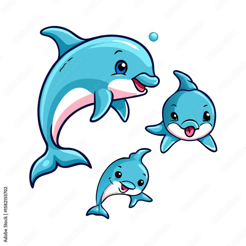 Obraz premium Cute cartoon funny dolphin set 