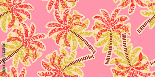 Hand drawn palm tree damask seamless pattern. colorful hawaiian print, summer holiday background in vintage style. Tropical plant painting. Design for fabric, textile, wallpaper and decoration.