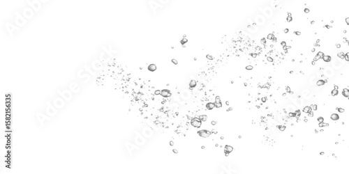 Dynamic realistic water bubbles flowing right. A cascade of effervescent air bubbles graphic element, ideal for liquid, beverage, or underwater designs. Isolated object on transparent background, PNG 