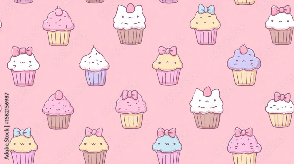Fototapeta premium Cute Cupcake Pattern with Kawaii Faces and Bows on Pink Background, Sweet Treat Illustration