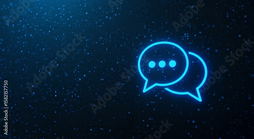 Glowing blue chat bubbles icon on a dark digital background with scattered pixelated dots message
